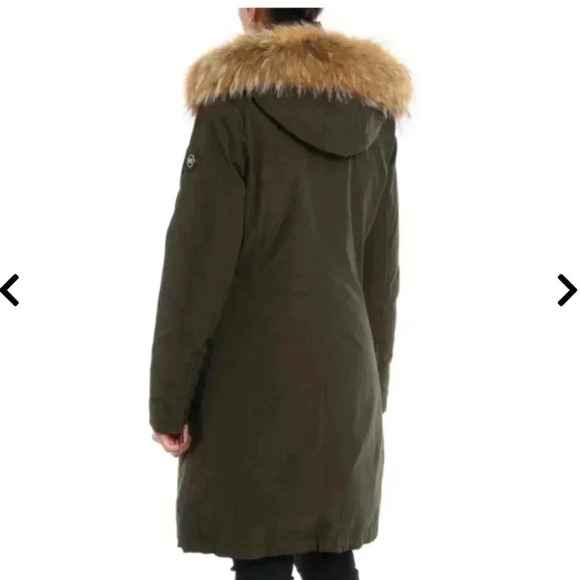 Michael Kors Knee Length Insulated Parka Jacket Coat Olive Green Racoon Hood Fur - Picture 2 of 13